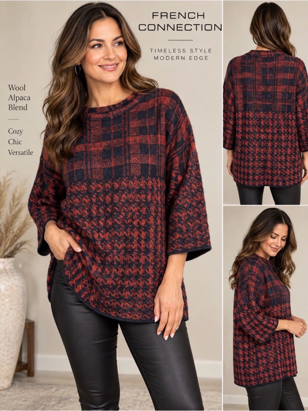 French Connection Wool Alpaca Plaid Houndstooth Sweater oversized Size S